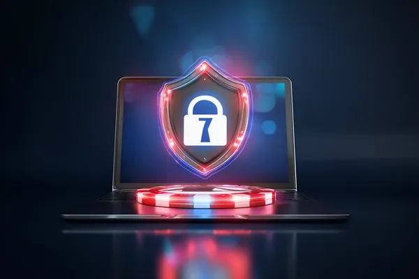 A laptop glowing with a bright login prompt in a minimalistic setup, symbolizing the protected access system at 6363PH.
